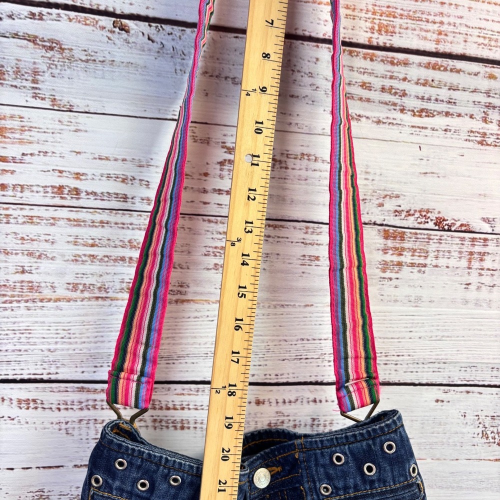 Handmade Upcycled Blue Denim Jean Shoulder Bag Rhinestone Striped Strap Boho - Picture 7 of 14